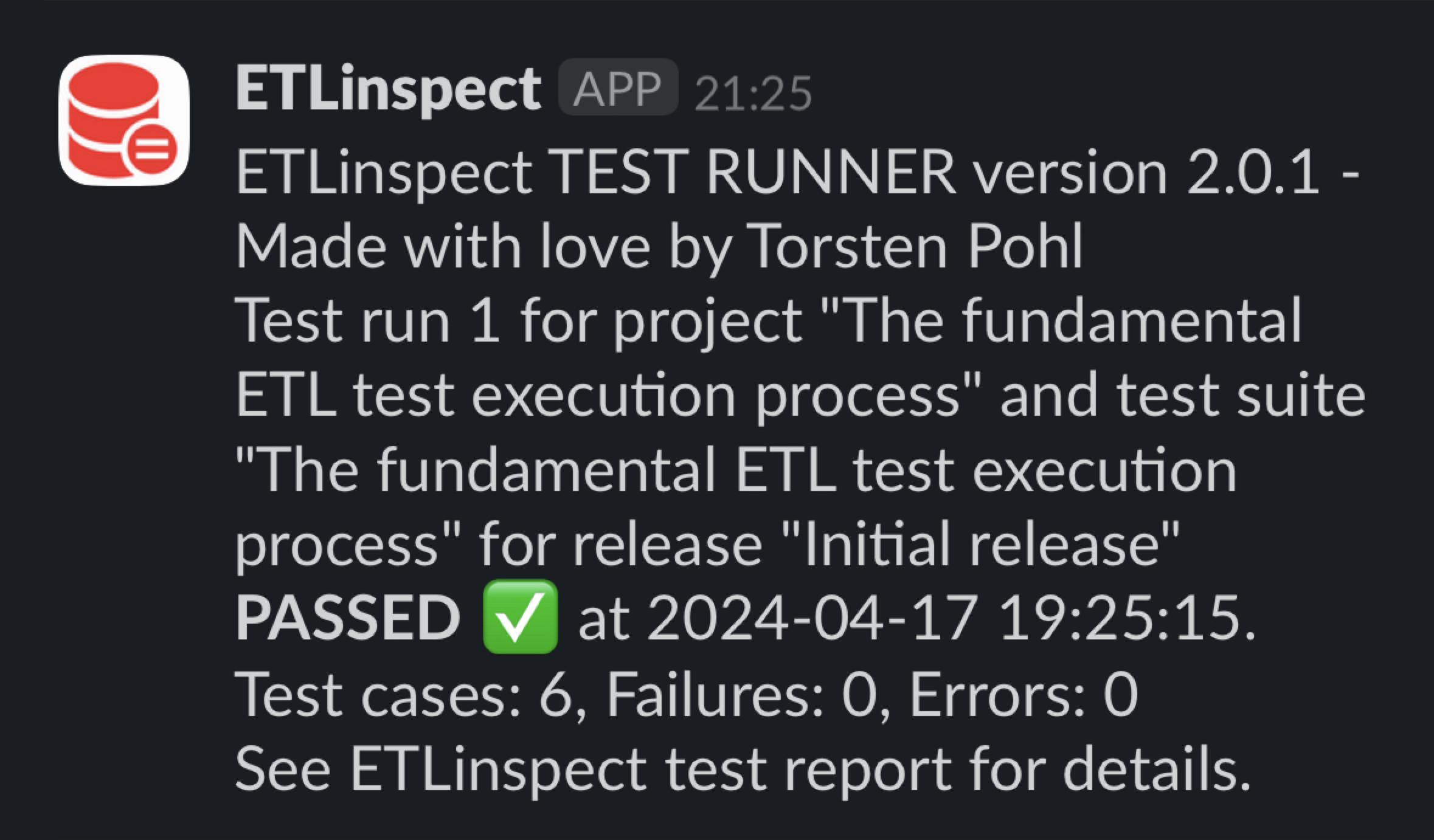 Test run summary reported to Slack
